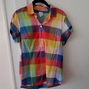 J Crew Factory rainbow plaid cotton popover top S